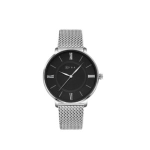 AFRA AMBROSE GENTS WATCH SILVER CASE BLACK DIAL SILVER MESH BRACELET