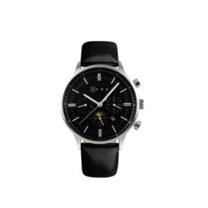 AFRA CRESCENT GENTS WATCH SILVER CASE BLACK DIAL BLACK LEATHER