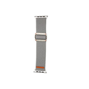 "Grey nylon Apple Watch strap with breathable design and secure plastic adapter – compatible with 42mm, 44mm, and 45mm models"