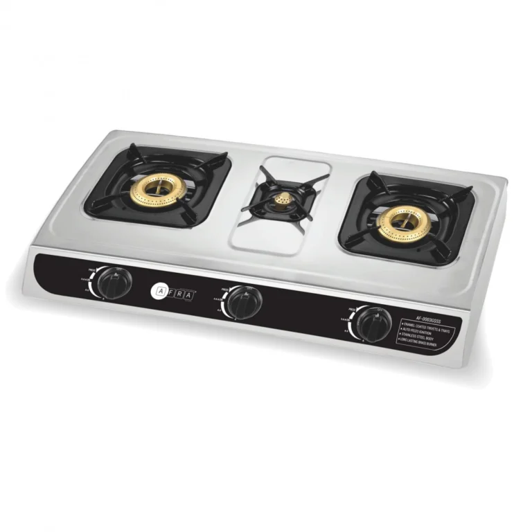 AFRA 3-Burner Gas Stove, Auto Ignition, Full Safety, Stainless Steel – AF-0003GSSS