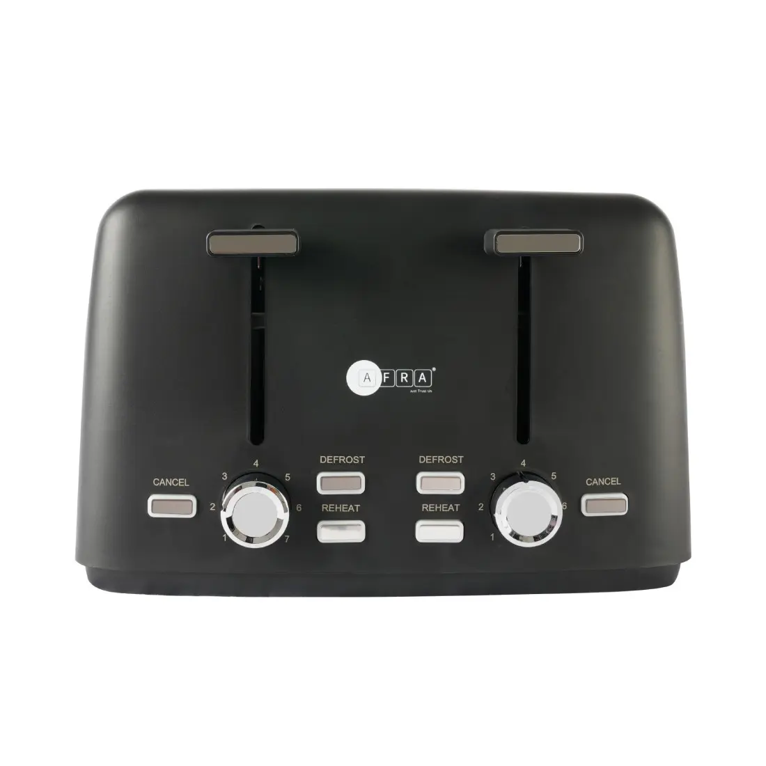 AFRA 4-Slot Electric Toaster 1600W – Browning, Reheat, Defrost, Matte Black – AF-24700TOBL