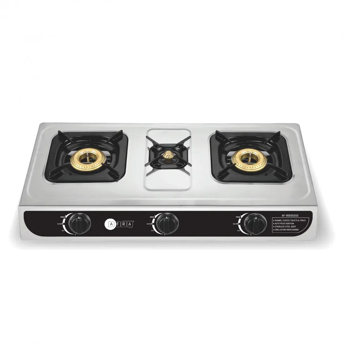 AFRA 3-Burner Gas Stove, Auto Ignition, Full Safety, Stainless Steel – AF-0003GSSS