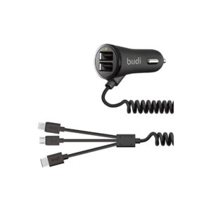 Budi Dual USB Port Car Charger with Coiled Lightning Cable for Apple iPhone – Black