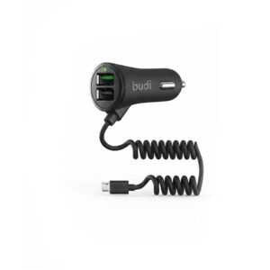 Budi 2 USB Car Charger with Coiled Samsung Micro-USB Cable